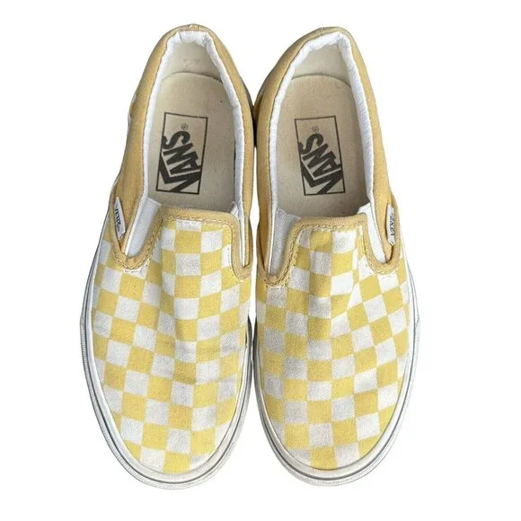 Vans Yellow & White Checkered Slip-On Loafers Size 5.5 Women / 4 Men Canvas Shoe - Picture 2 of 11
